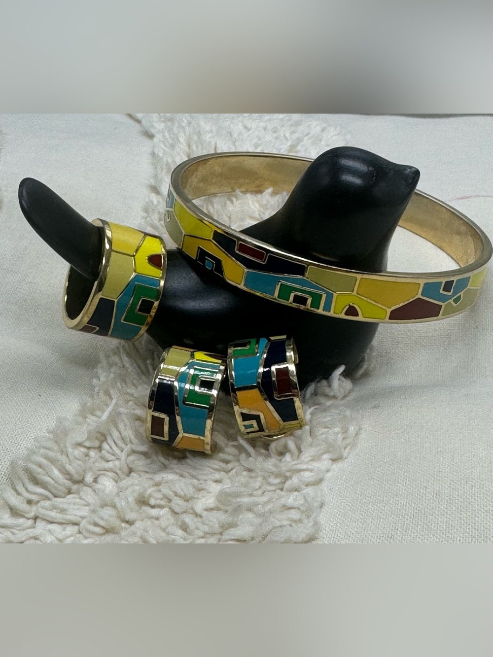 Multicolor Enamel Bracelet Ring Earrings Set